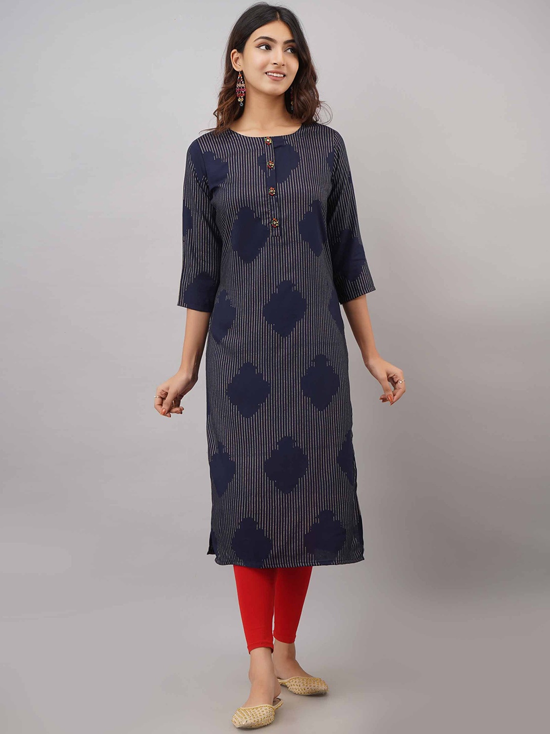 

Pankvi Striped Foil Printed Boat Straight Kurta, Navy blue