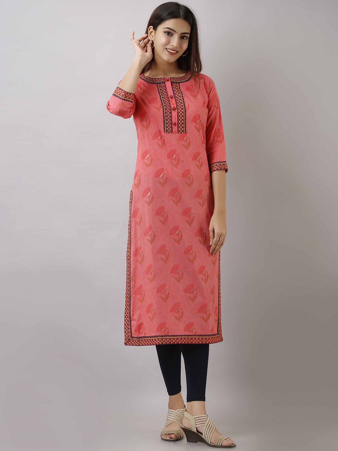 

Pankvi Floral Printed With Thread Work Details Pure Cotton Straight Kurta, Peach