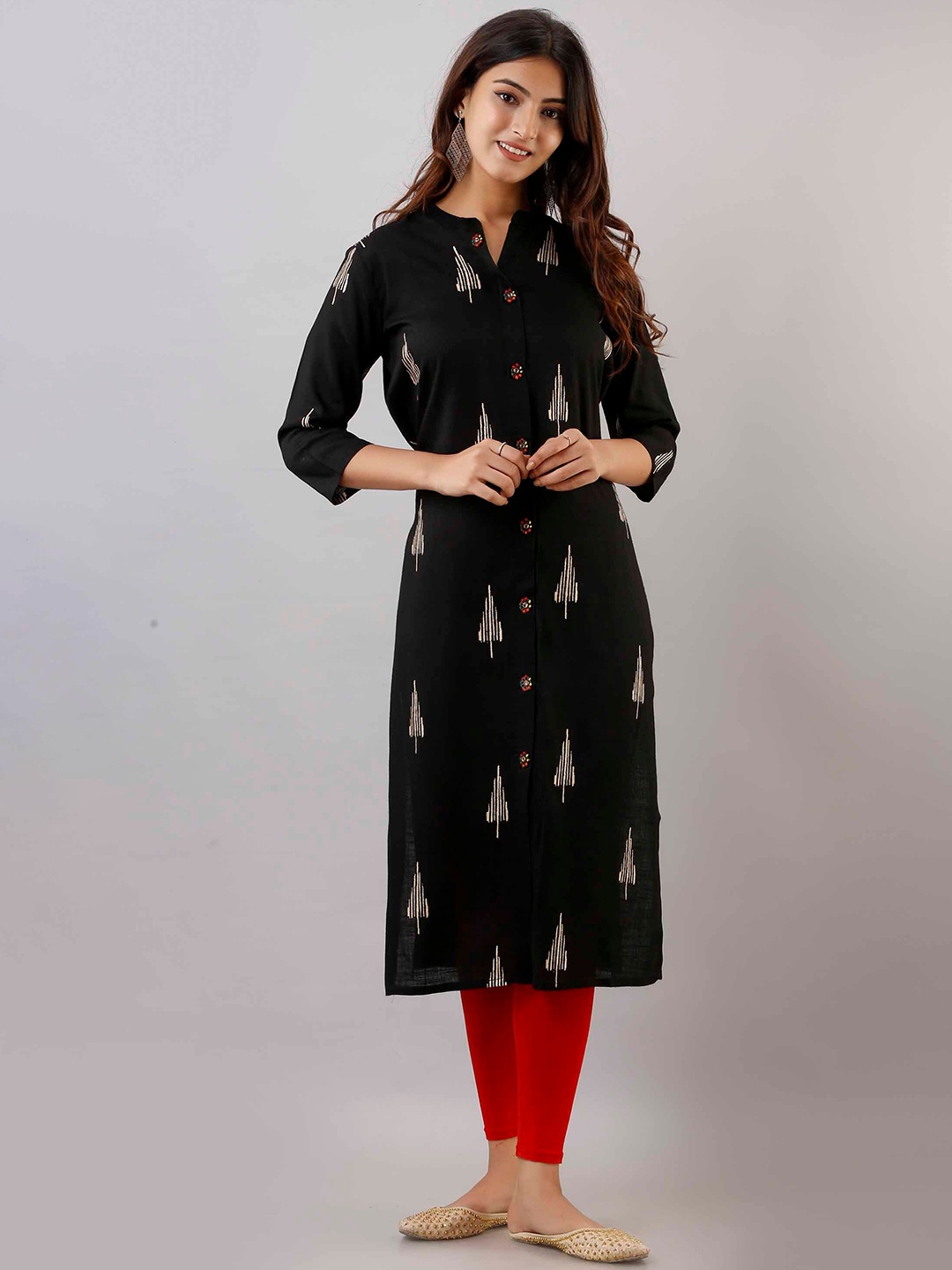 

Pankvi Women Quirky Printed Mandarin Collar Calf Length Kurta, Black