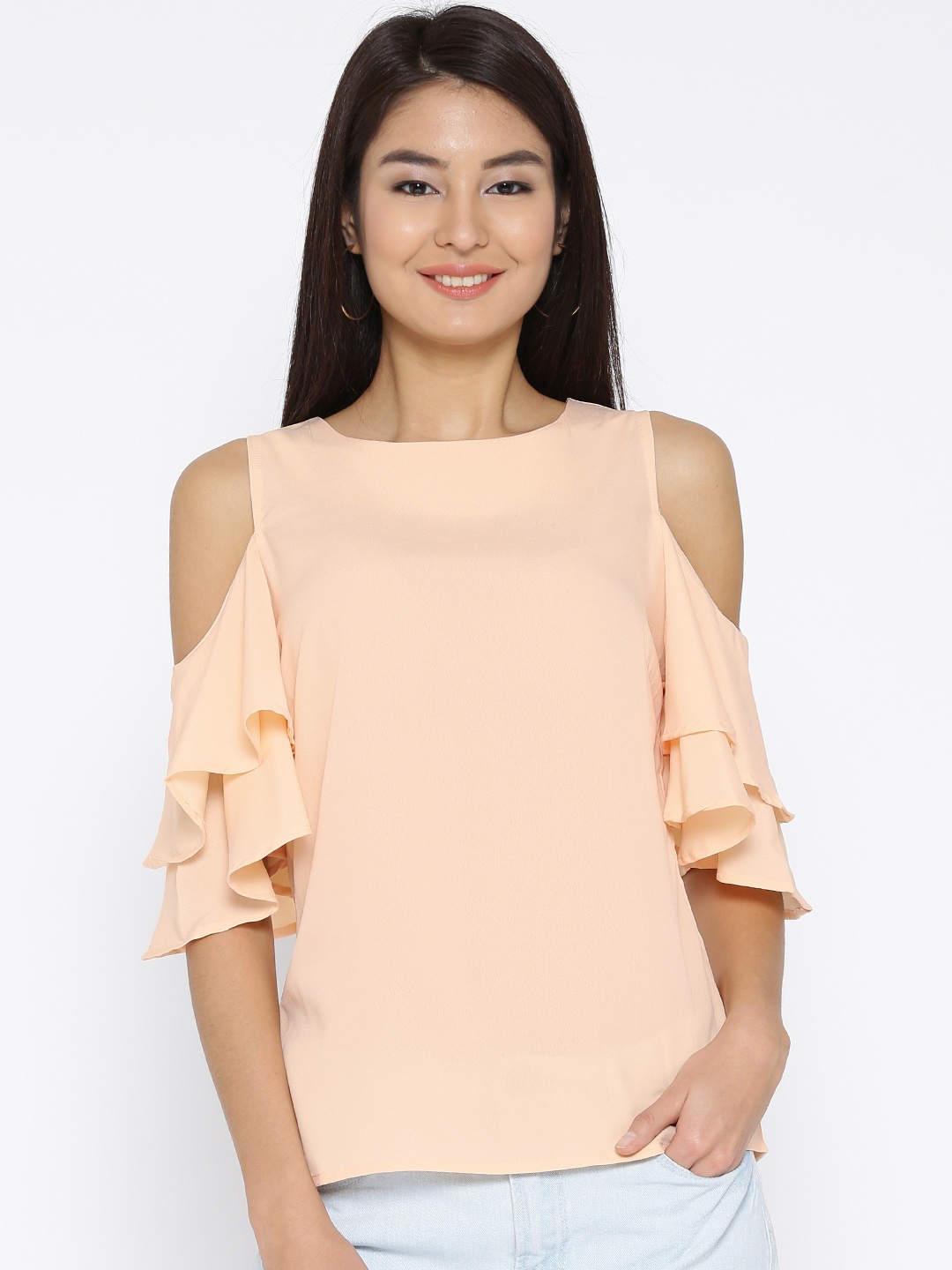

Sera Women Peach-Coloured Solid Cold-Shoulder Top