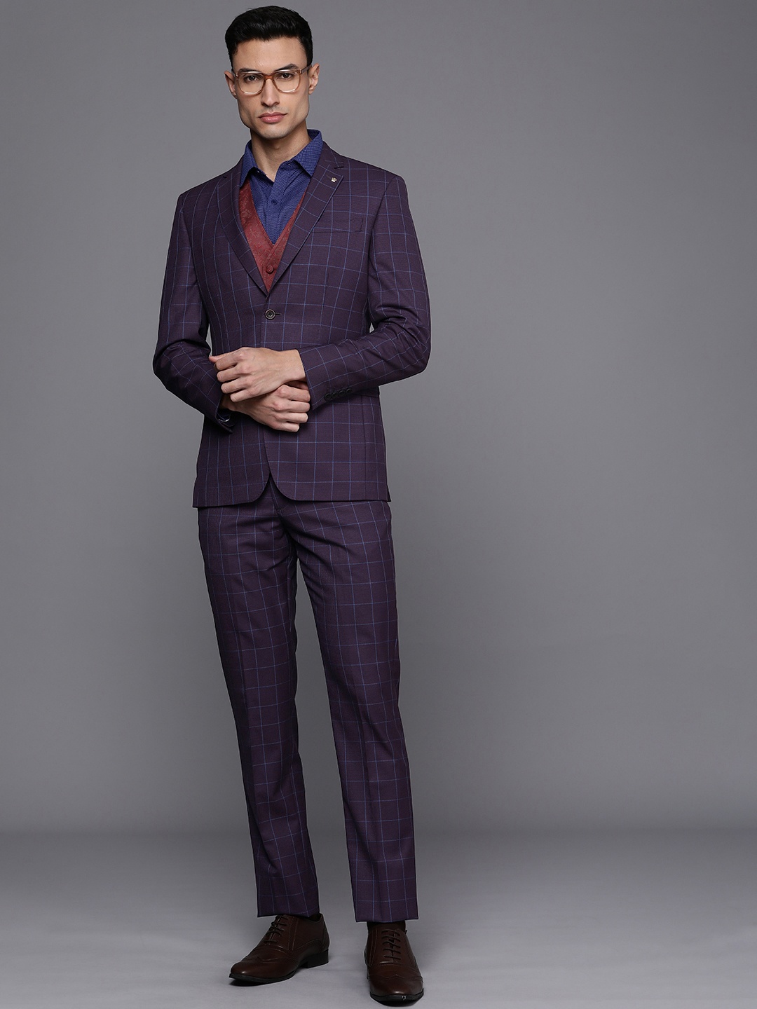 

Louis Philippe Men Checked Slim-Fit Single-Breasted Three-Piece Suit, Burgundy