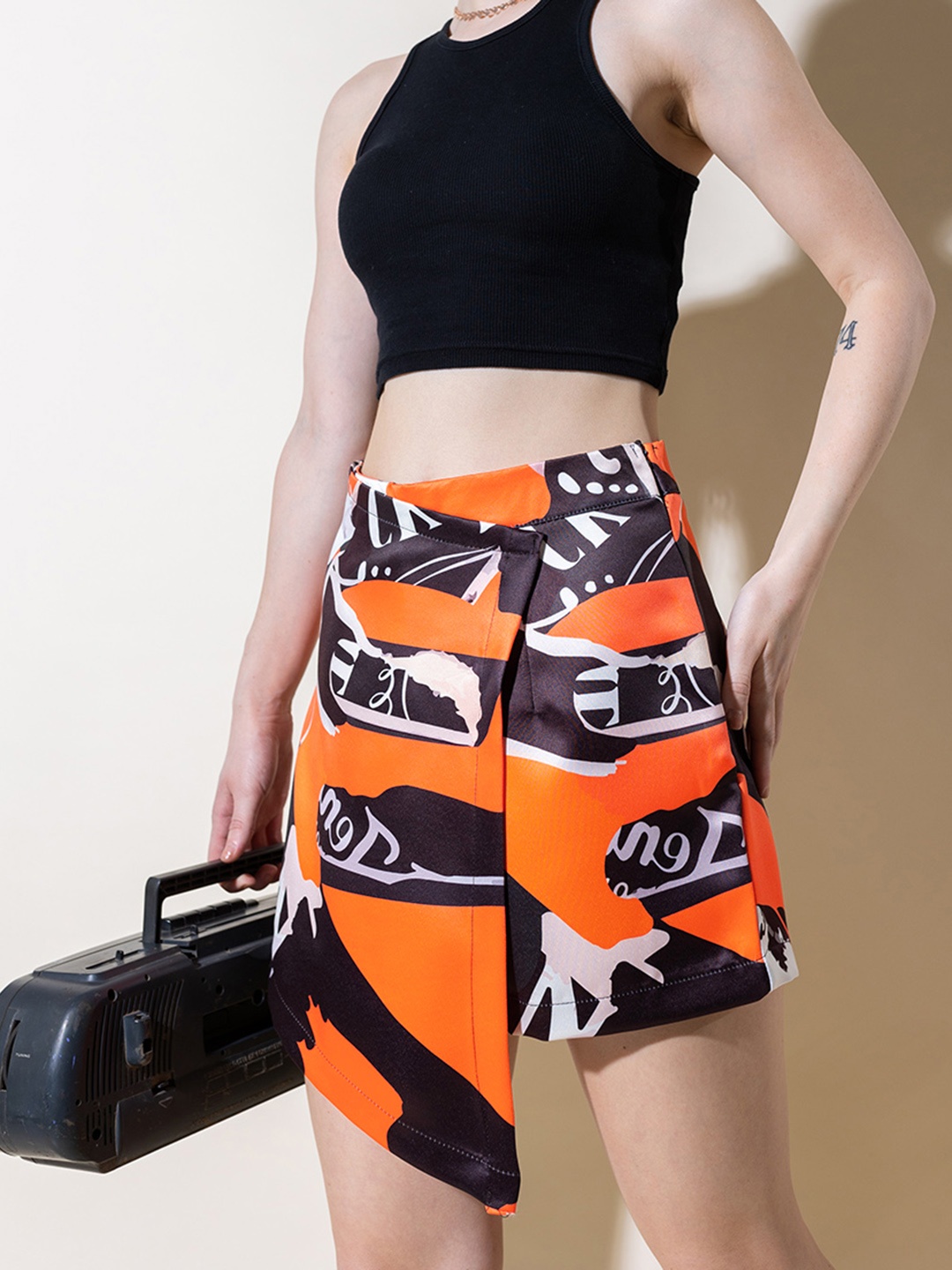 

Stylecast X Hersheinbox Printed High-Rise Skorts with Asymmetric Hem, Orange