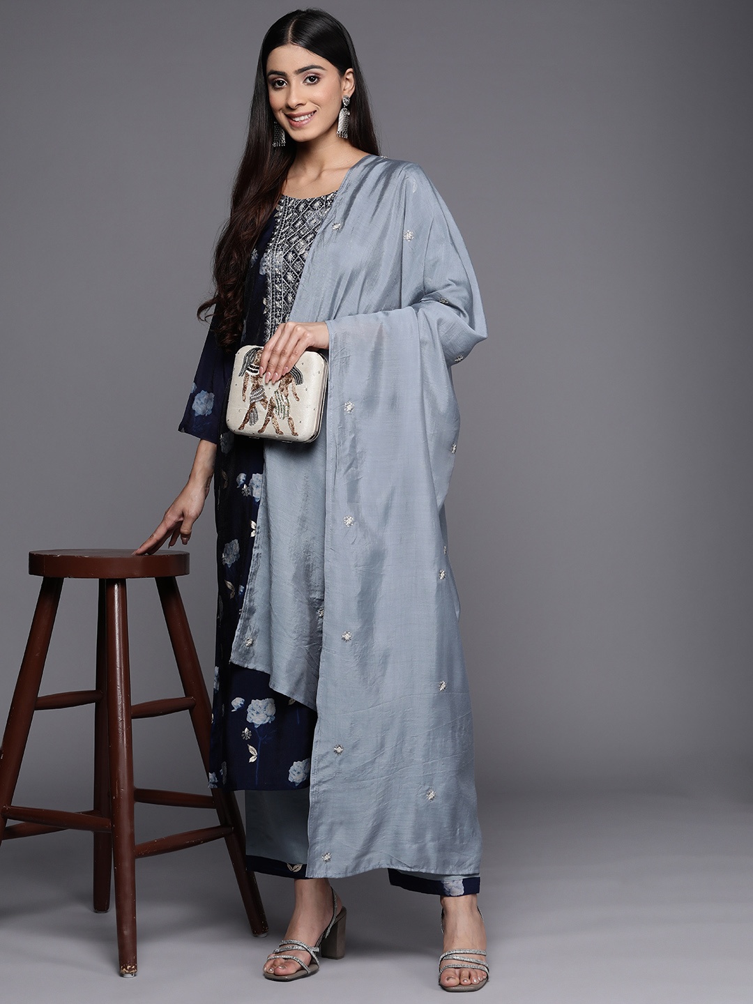 

Varanga Floral Yoke Design Sequinned Chanderi Silk Kurta with Trousers & With Dupatta, Blue