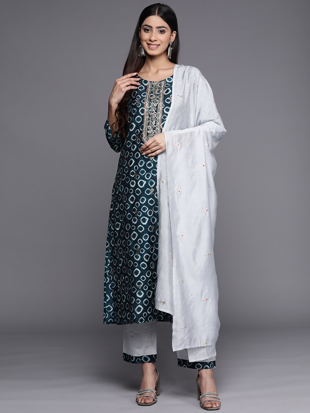 

Varanga Yoke Design Chanderi Silk Kurta with Trousers & Dupatta, Blue