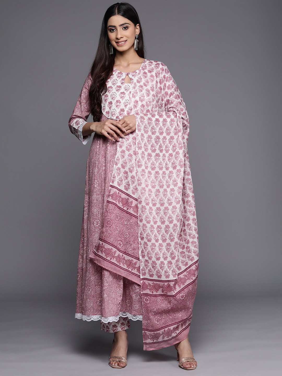

Varanga Floral Printed Pure Cotton Kurta with Trousers & With Dupatta, Mauve