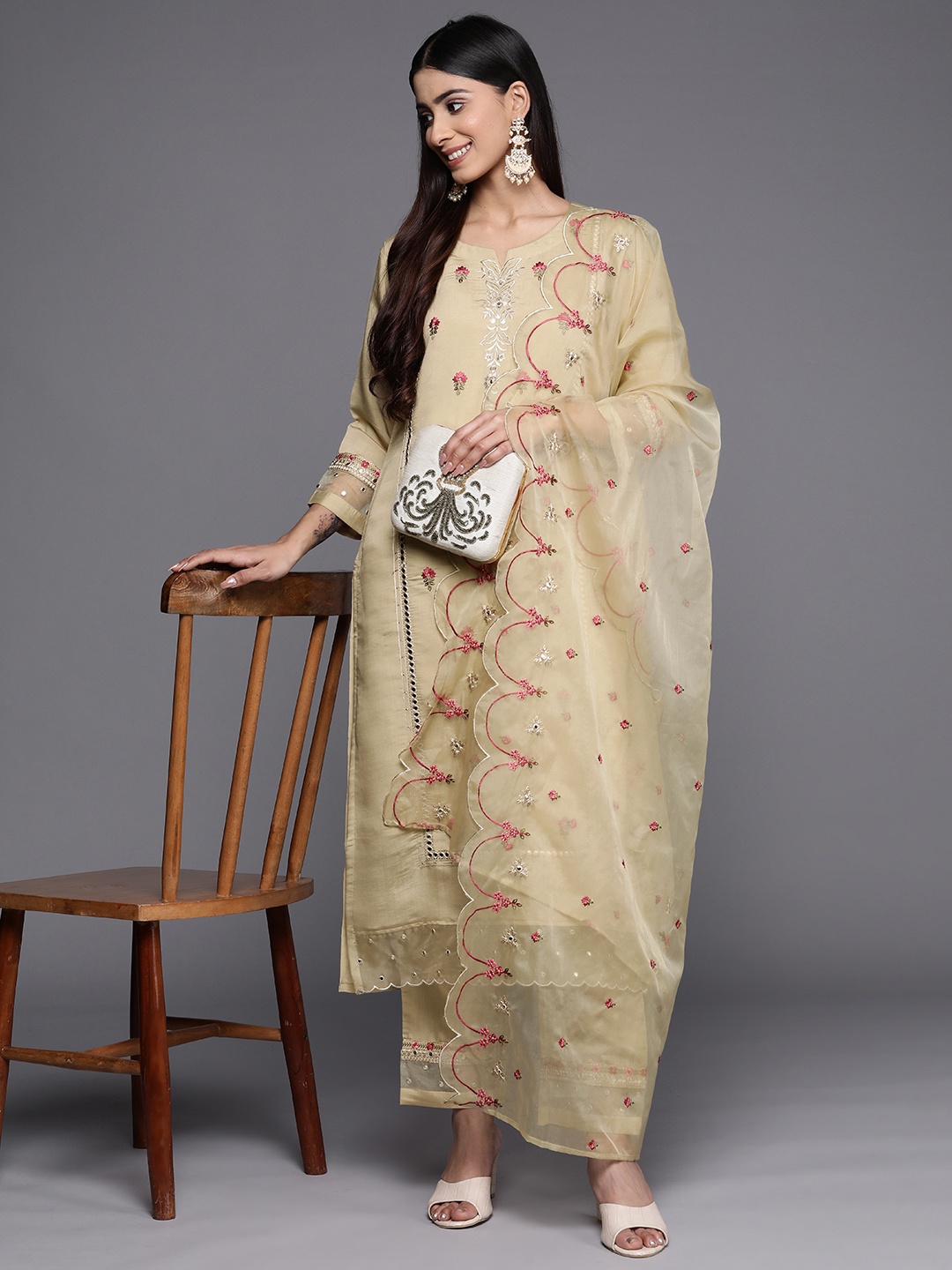 

Varanga Floral Embroidered Mirror Work Kurta with Trousers & Dupatta, Beige