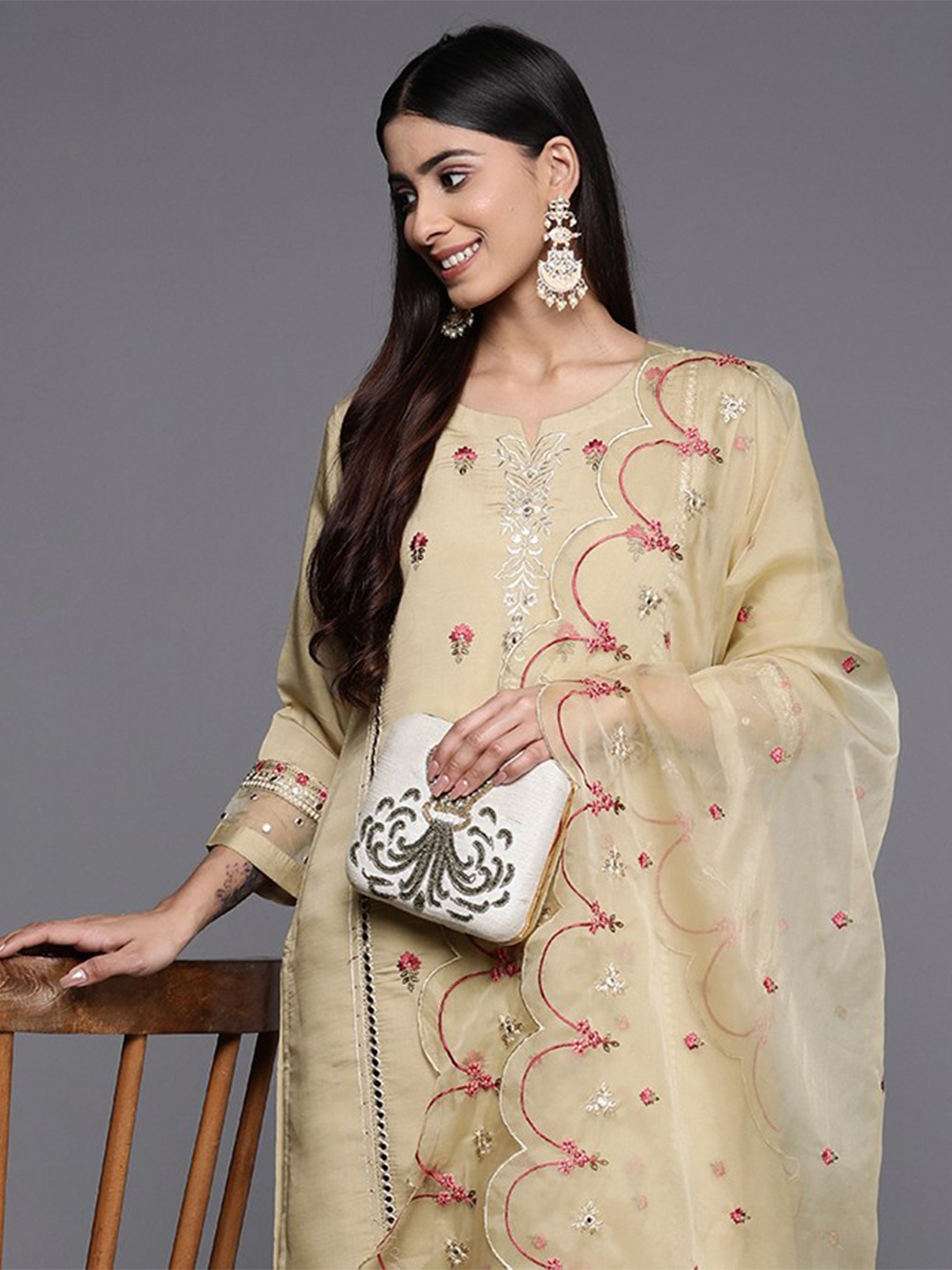 

Varanga Floral Embroidered Mirror Work Kurta with Trousers & Dupatta, Beige