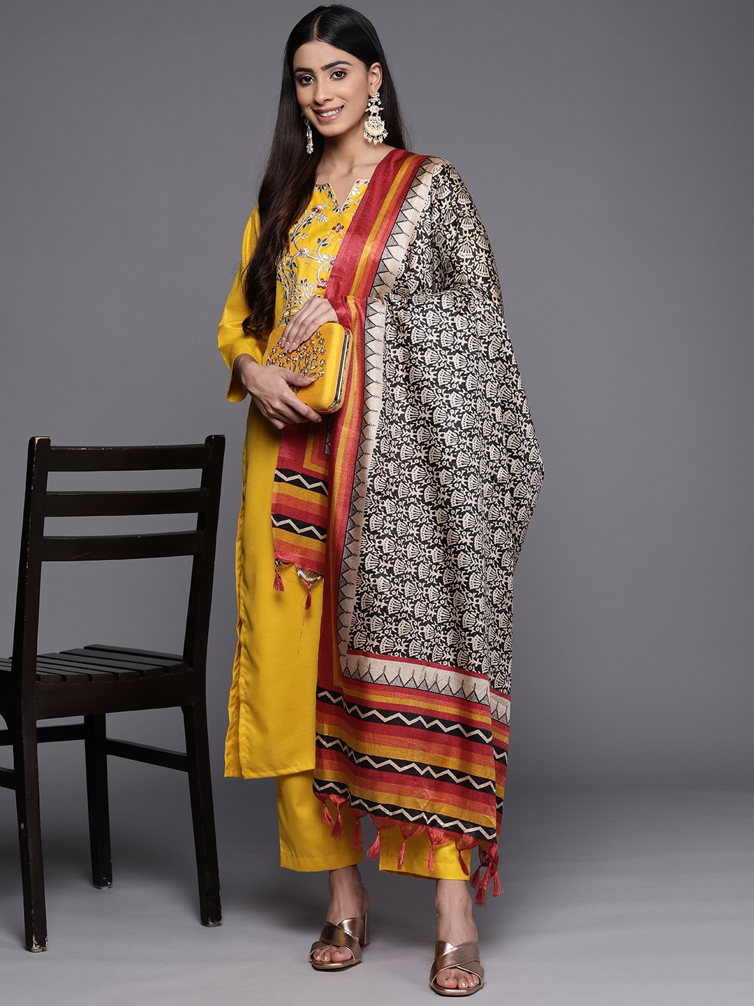 

Varanga Floral Yoke Design Gotta Patti Kurta with Trousers & With Dupatta, Yellow