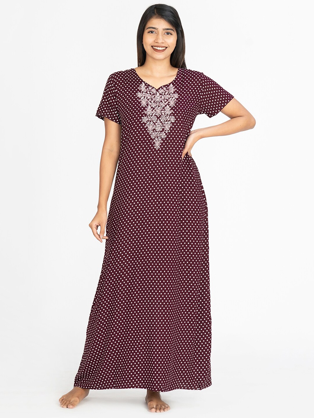 

Maybell Polka Dots Embroidered Maxi Nightdress, Purple