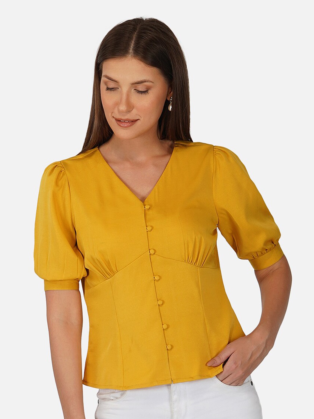 

PURYS Relaxed Collarless Casual Shirt, Mustard