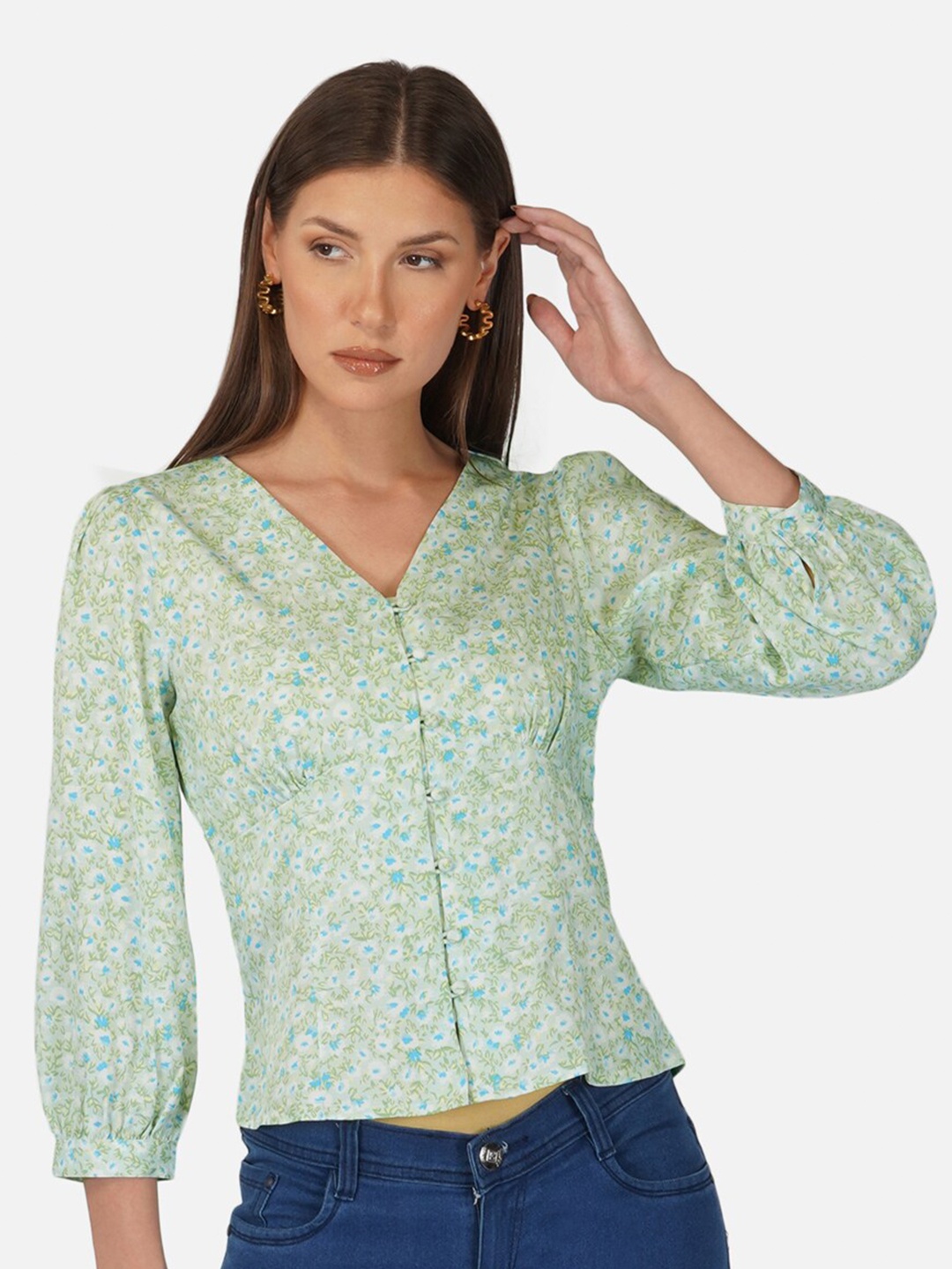 

PURYS Relaxed Floral Printed Puff Sleeves Shirt Style Top, Green