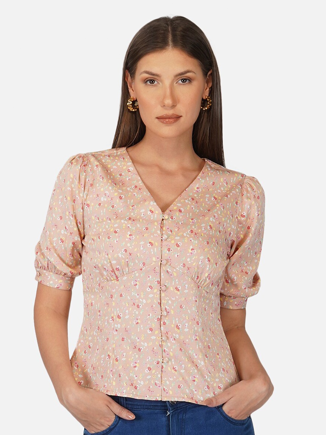 

PURYS Floral Printed Puff Sleeves V-Neck Shirt, Nude