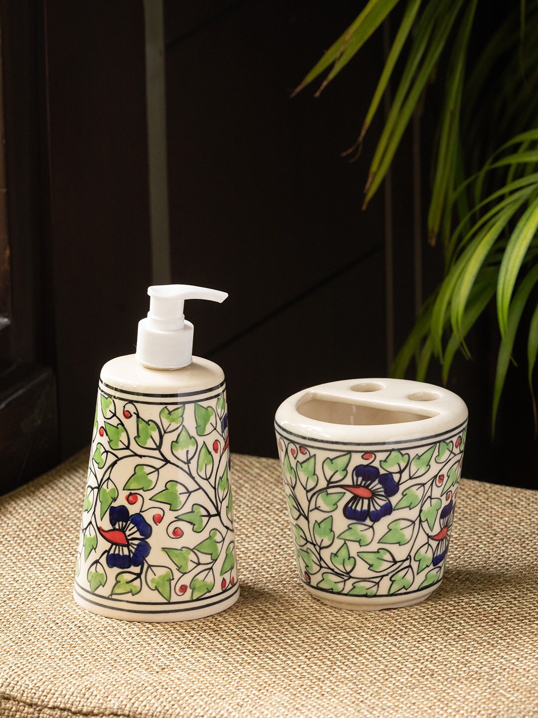 

ExclusiveLane Beige & Green 2 Pieces Printed Ceramic Bathroom Accessories