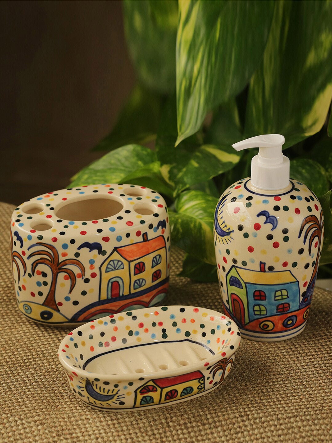 

ExclusiveLane The Hut Essentials Beige & Blue 3 Pcs Printed Ceramic Bathroom Accessories