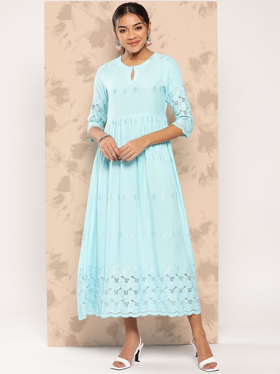 

Libas Blue Ethnic Motifs Embroidered Keyhole Neck Midi Ethnic Dress