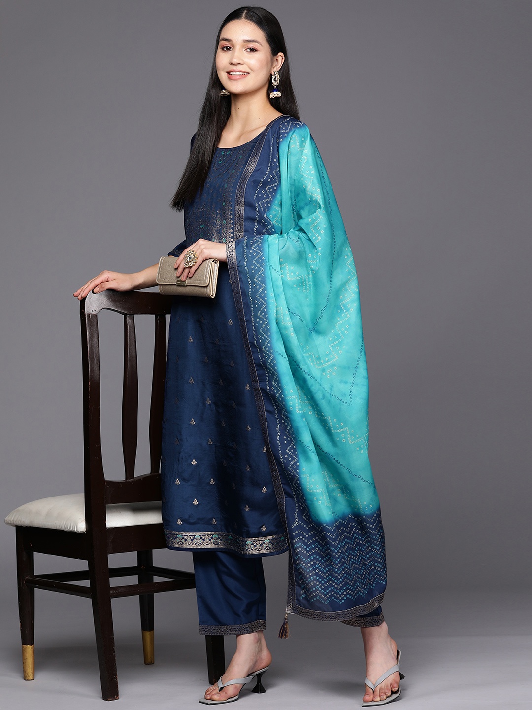 

Libas Women Blue Floral Kurta with Trousers & With Dupatta