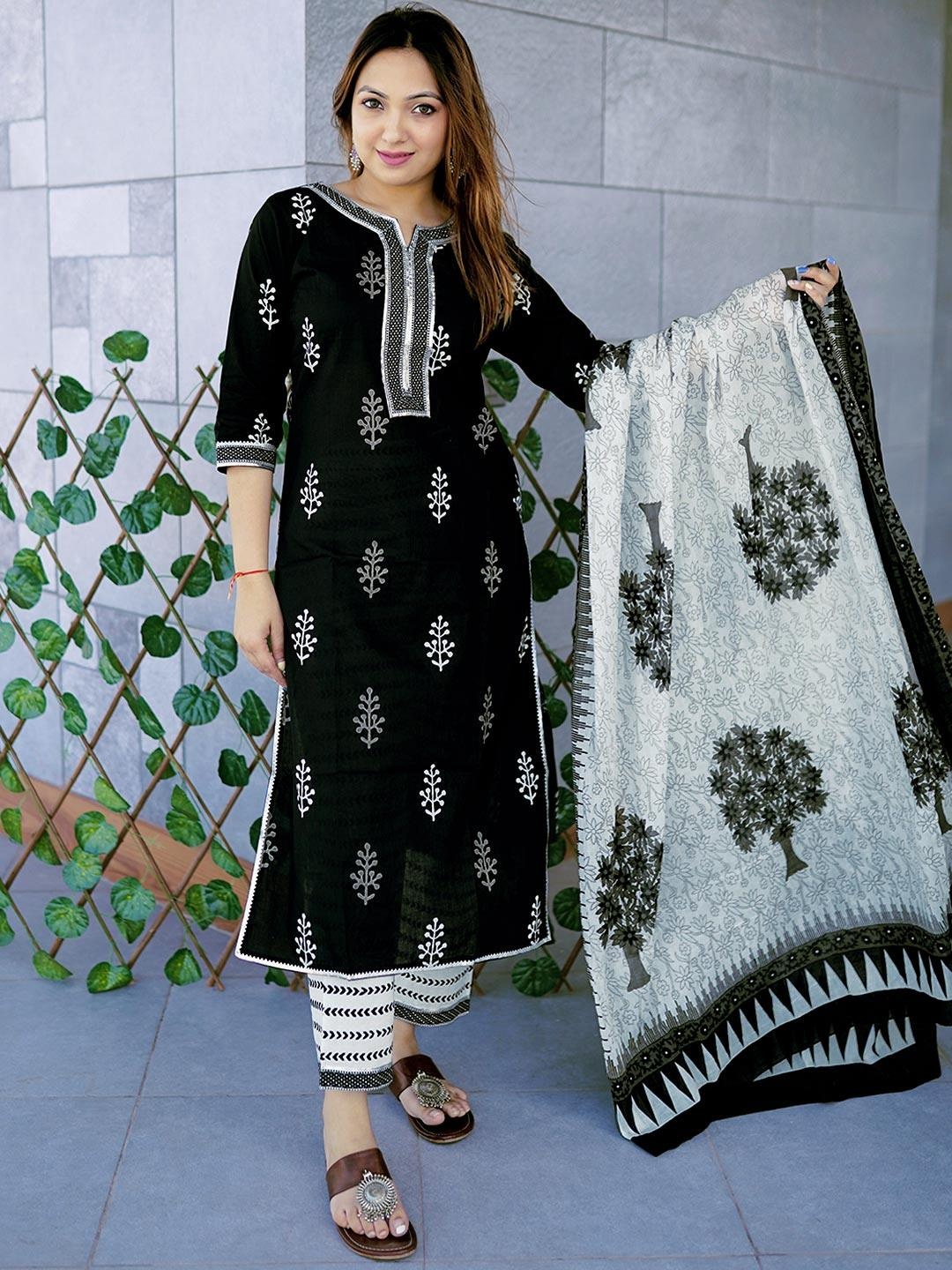 

Libas Women Black Floral Printed Gotta Patti Pure Cotton Kurta with Trousers & With Dupatta