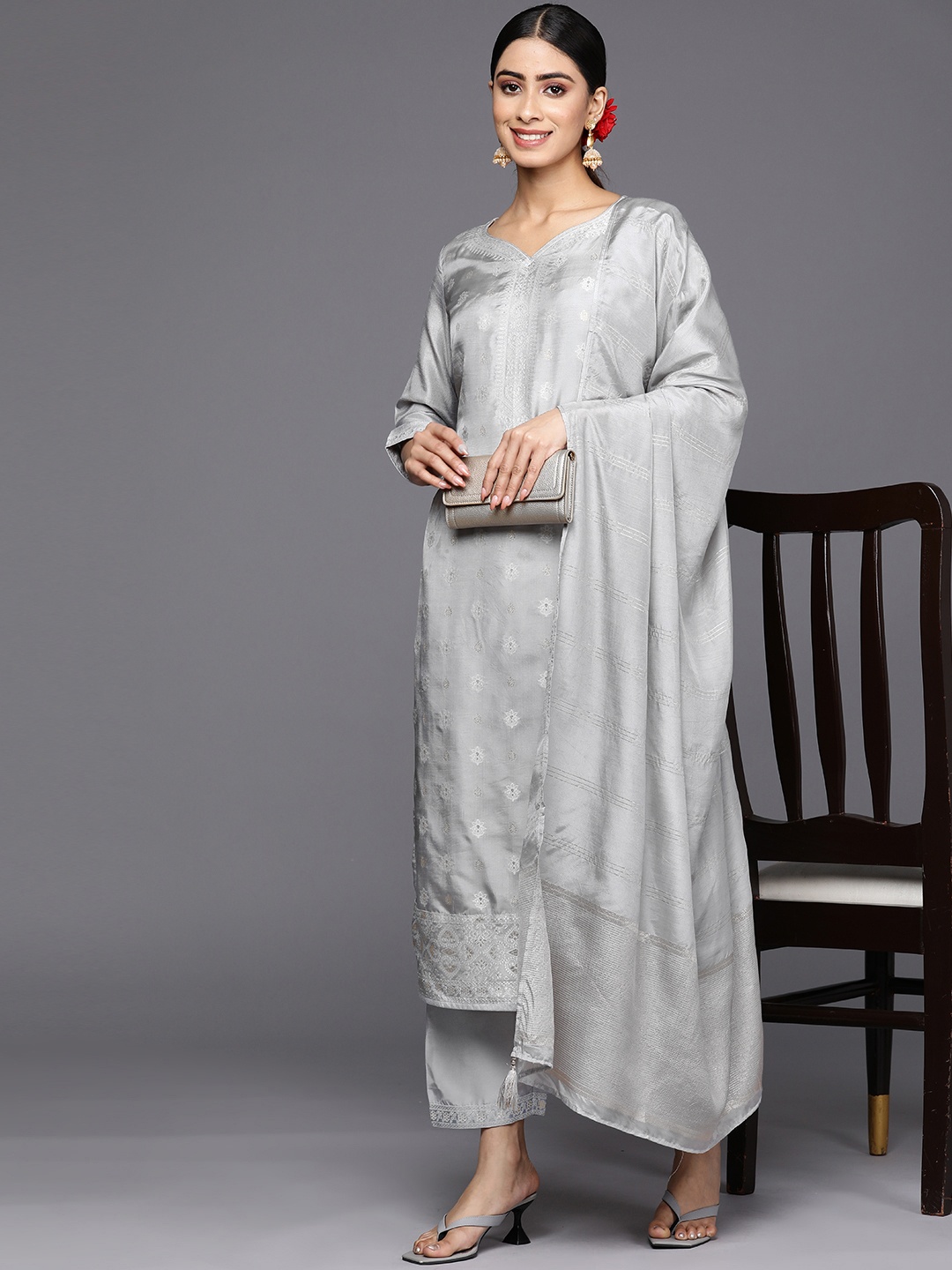 

Libas Ethnic Motifs Kurta with Trousers & With Dupatta, Grey