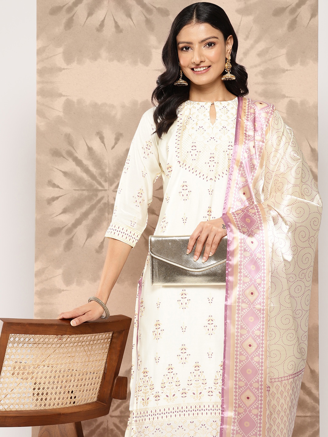 

Libas Floral Printed Chanderi Silk Kurta with Trousers & With Dupatta, Cream