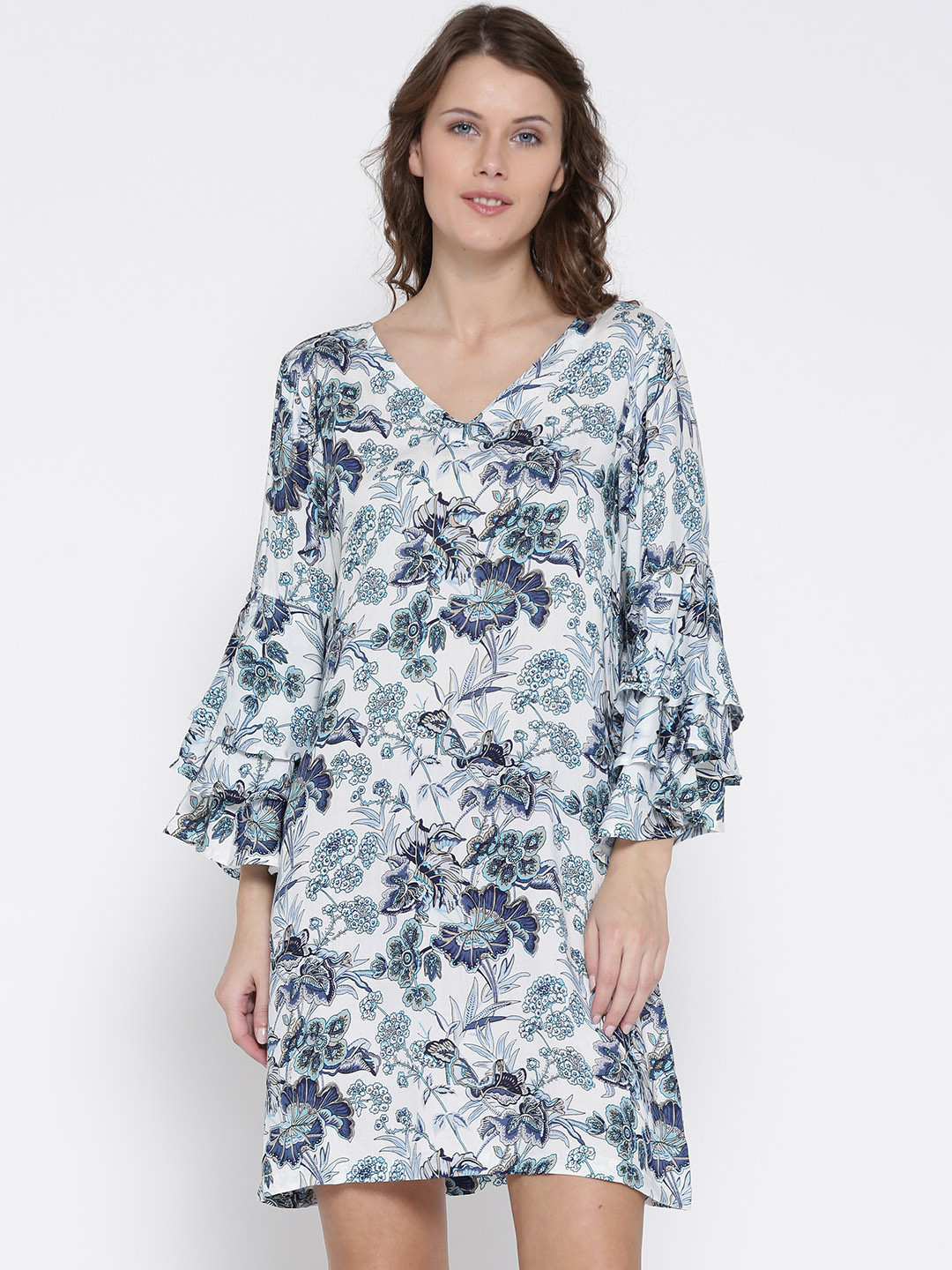 

Sera Women White & Blue Floral Print A-Line Dress