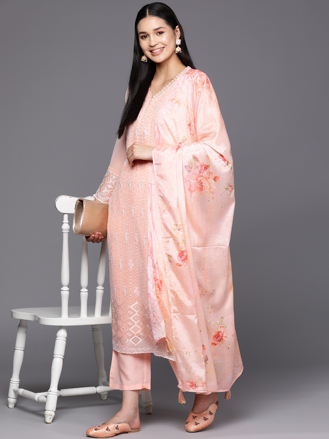 

Libas Women Peach-Coloured Floral Embroidered Thread Work Kurta with Trousers & With Dupatta