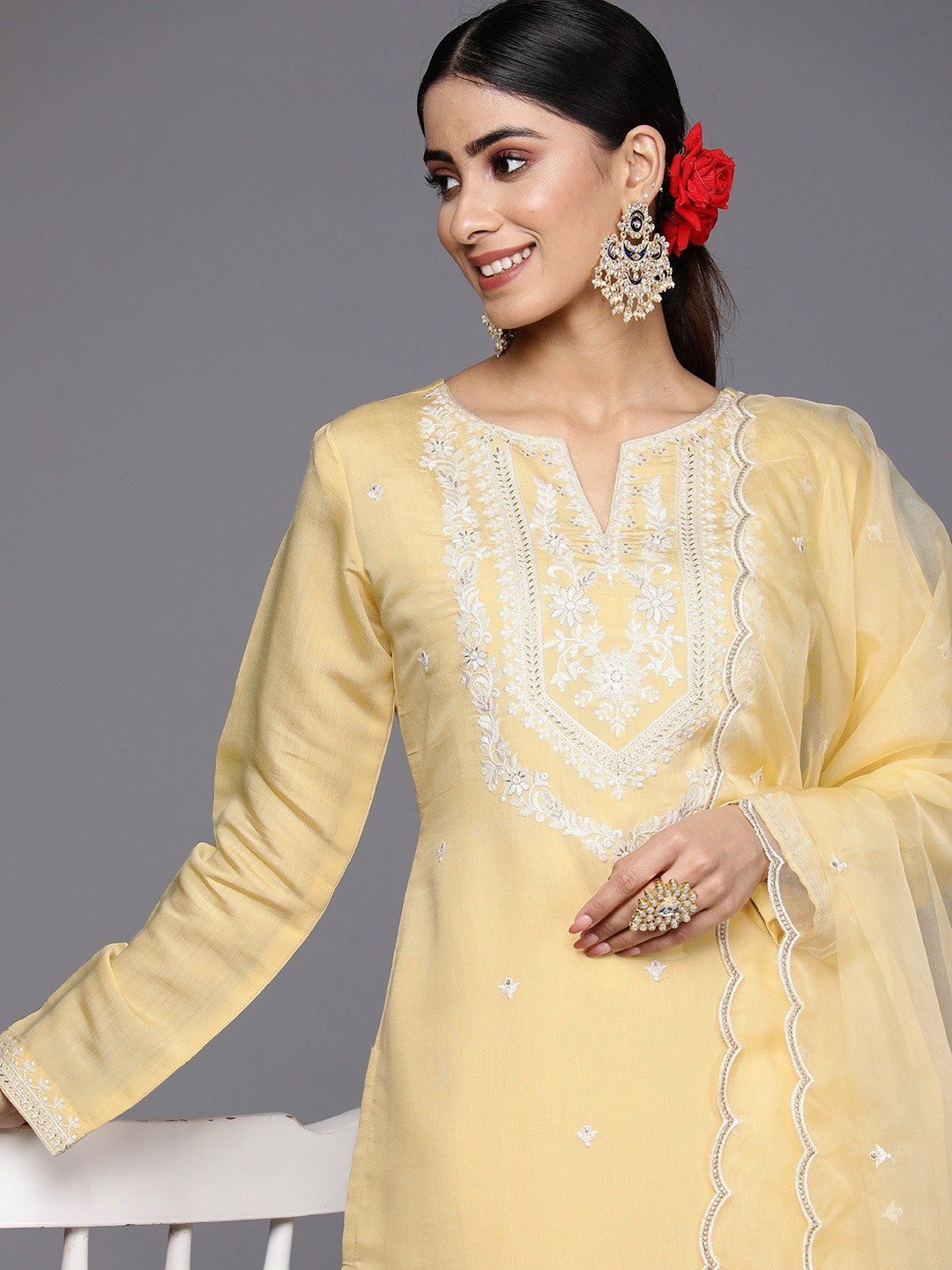 

Libas Women Yellow Floral Yoke Design Thread Work Kurta with Trousers & With Dupatta