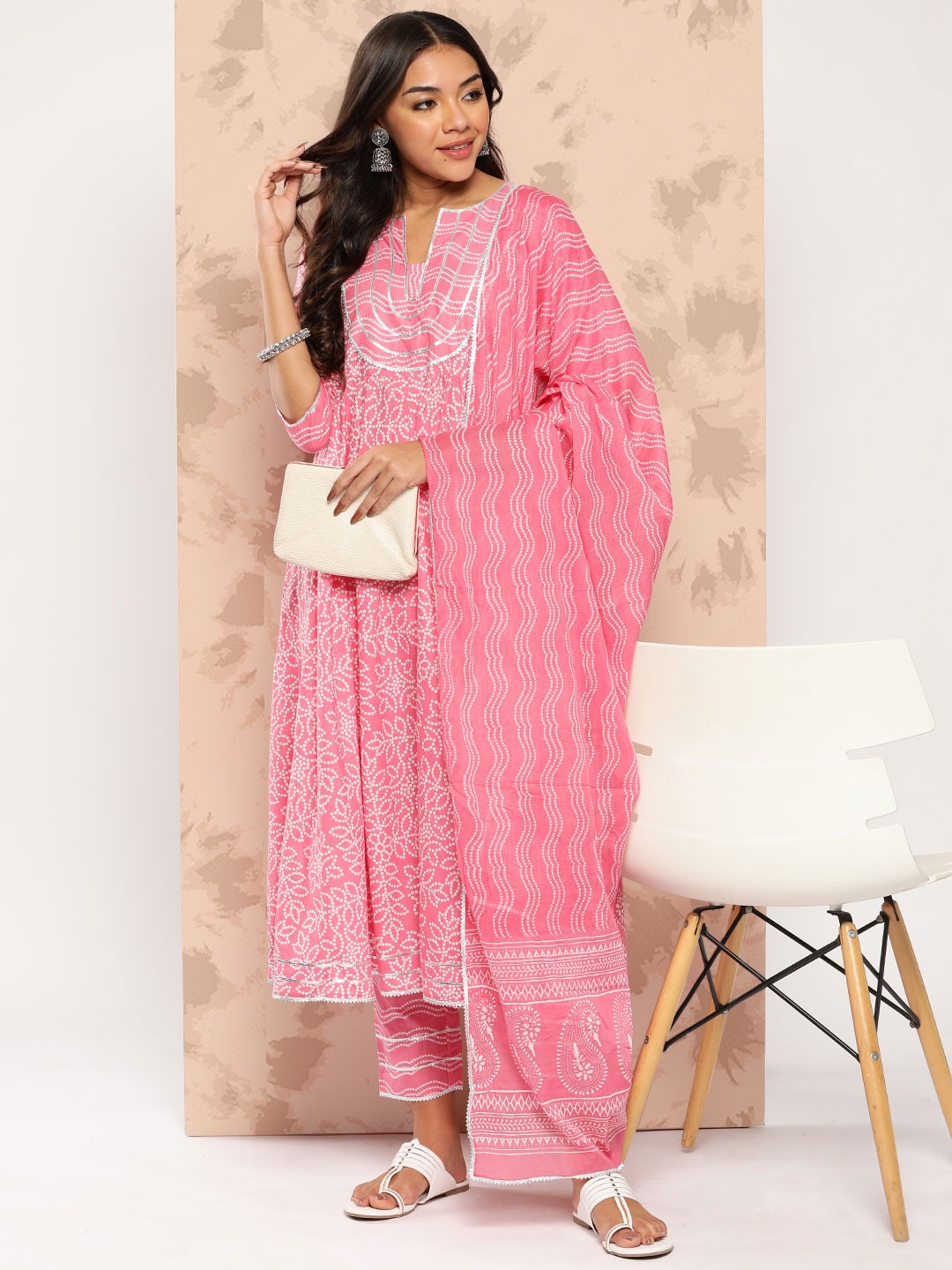 

Libas Bandhani Yoke Design Empire Gotta Patti Pure Cotton Kurta with Trousers & Dupatta, Peach