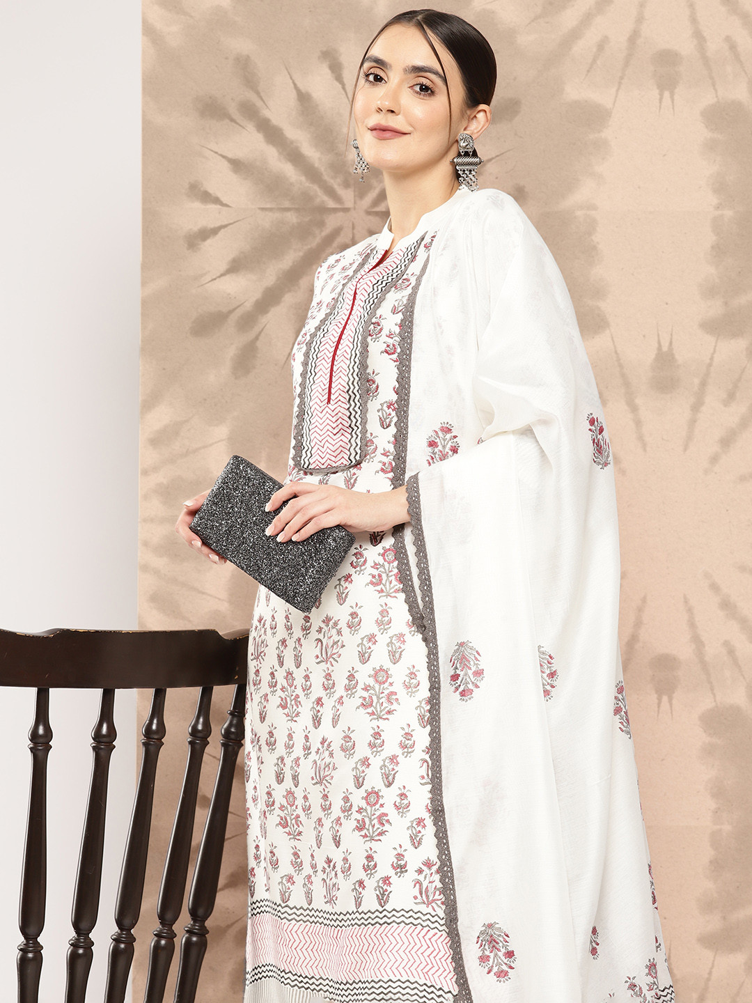 

Libas Women Off White Floral Printed Chanderi Silk Kurta with Trousers & With Dupatta