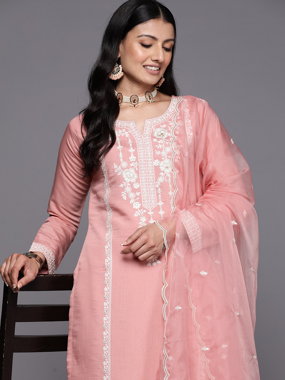 

Libas Floral Embroidered Thread Work Kurta with Trousers & With Dupatta, Peach