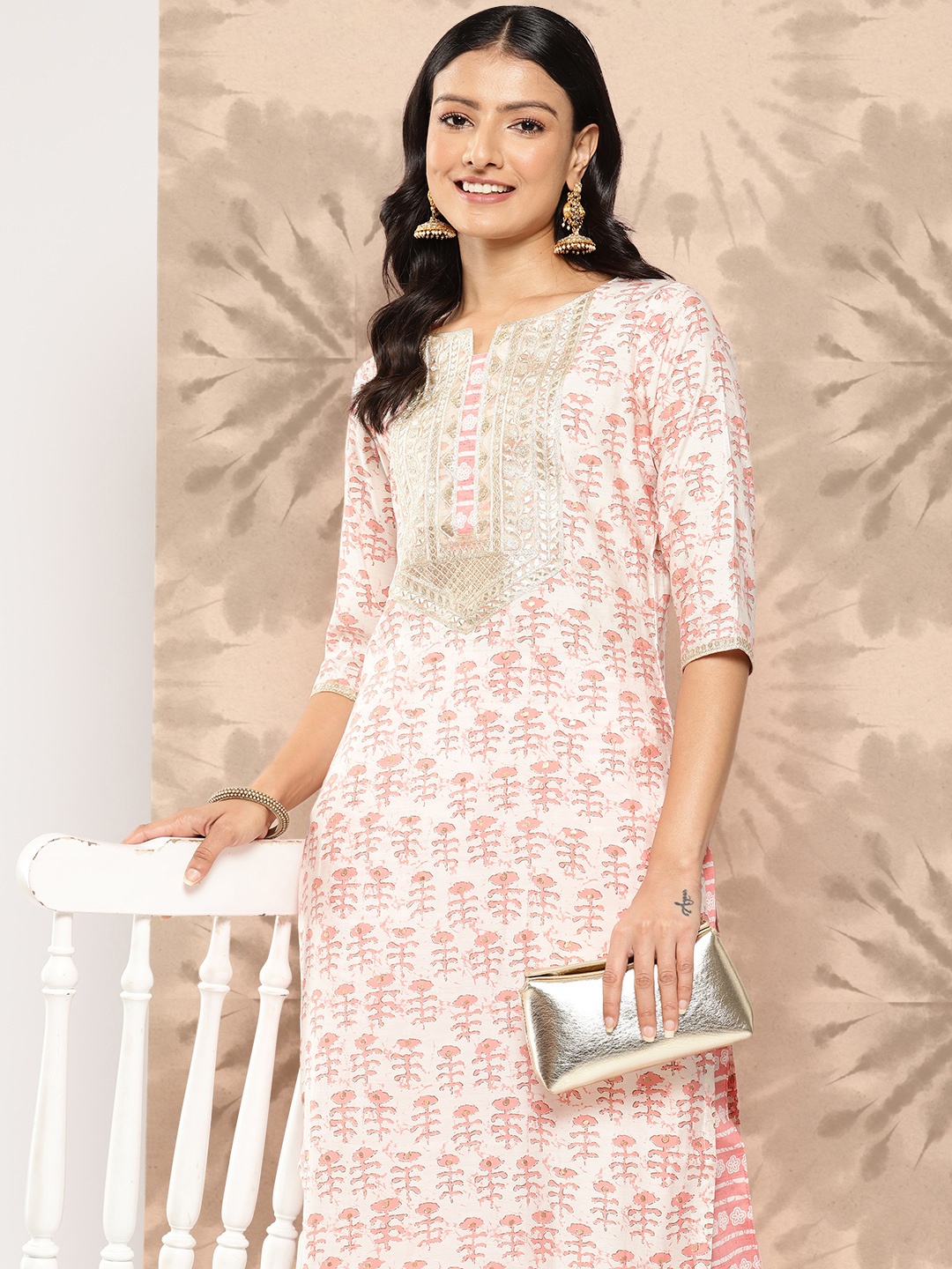 

Libas Women Peach-Coloured Floral Printed Gotta Patti Pure Silk Kurta with Trousers