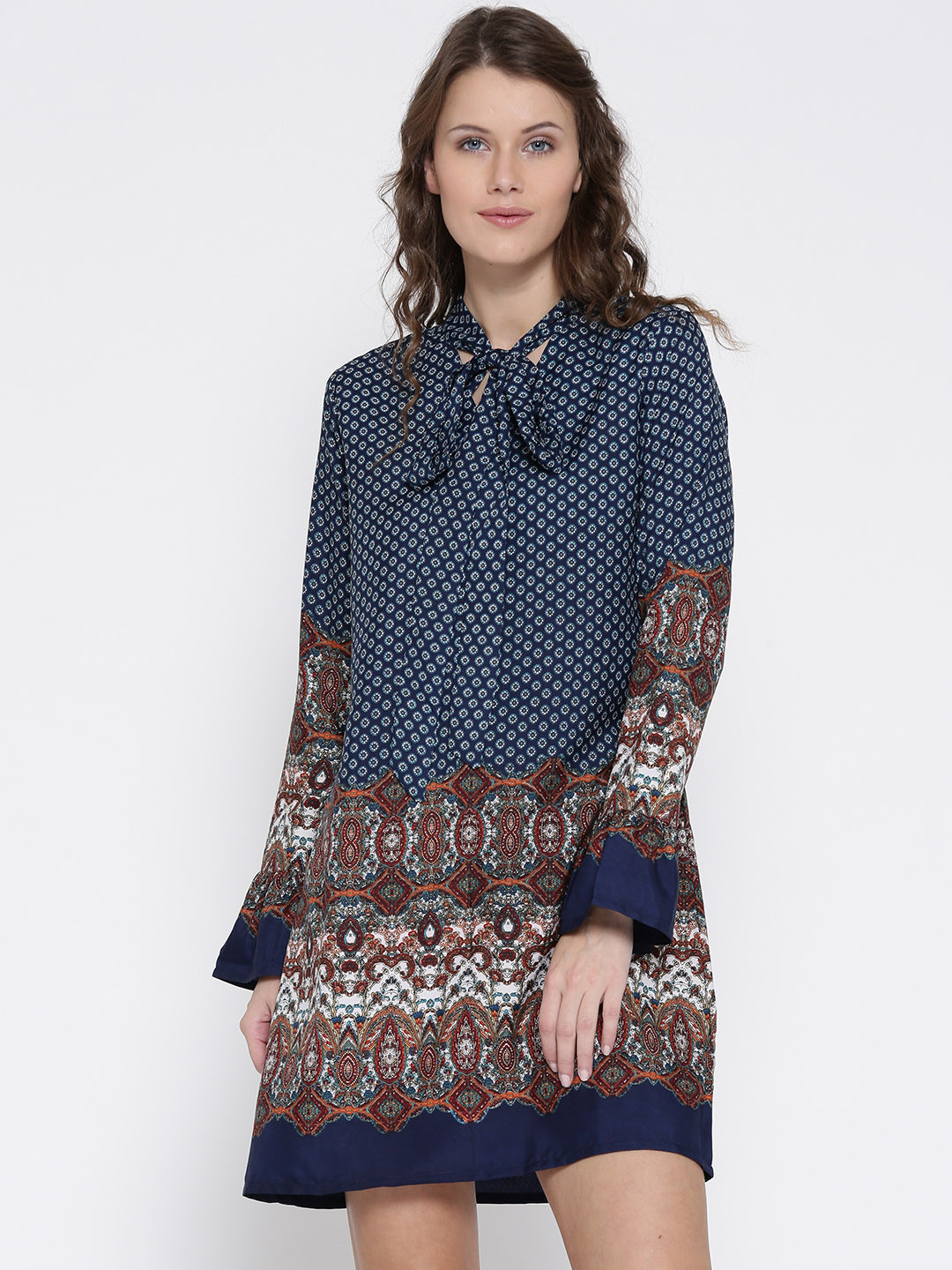 

Sera Women Navy Printed A-Line Dress, Navy blue