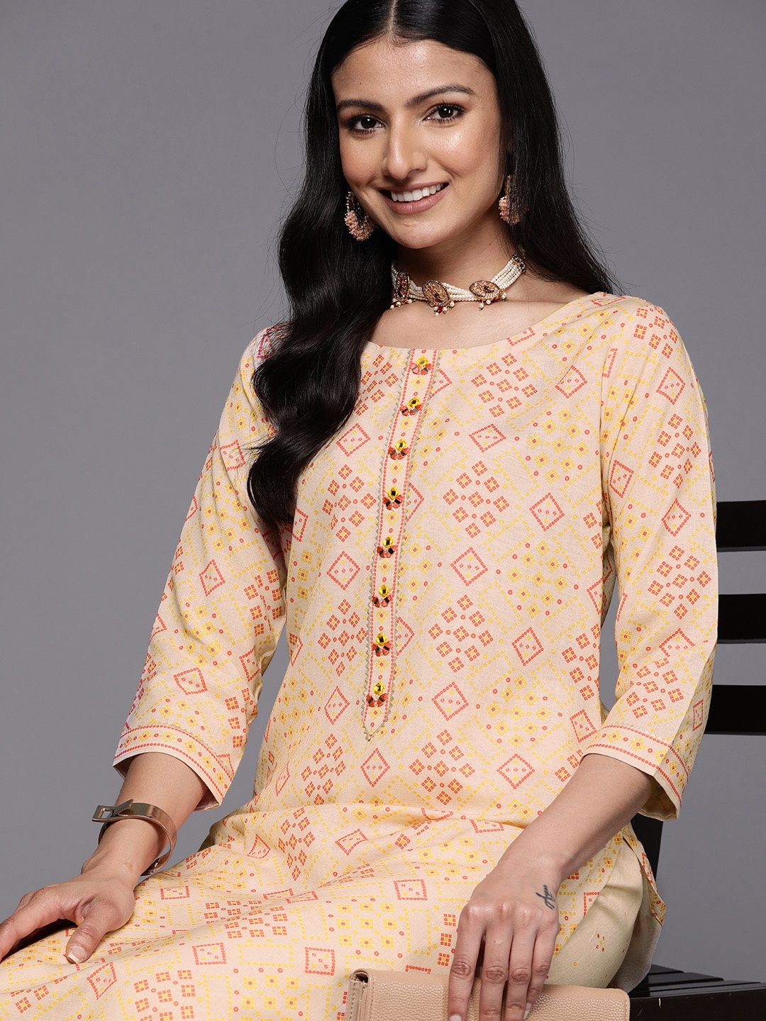 

Libas Bandhani Printed Kurta with Trousers, Beige