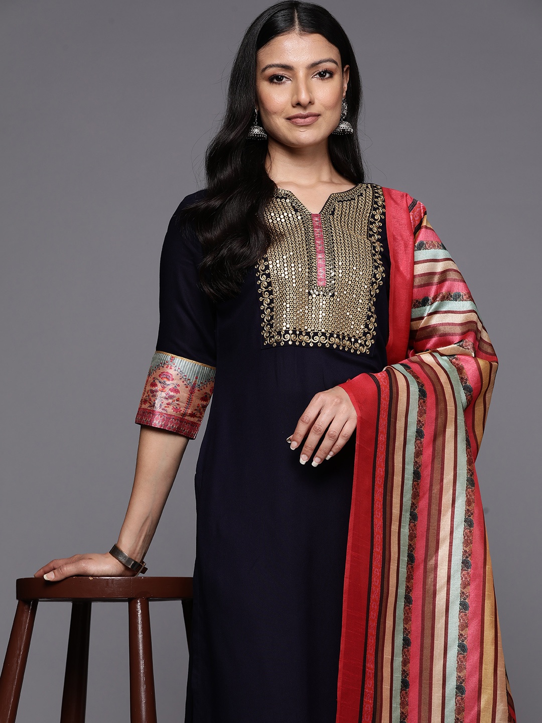 

Libas Ethnic Motifs Yoke Design Kurta with Trousers & With Dupatta, Navy blue