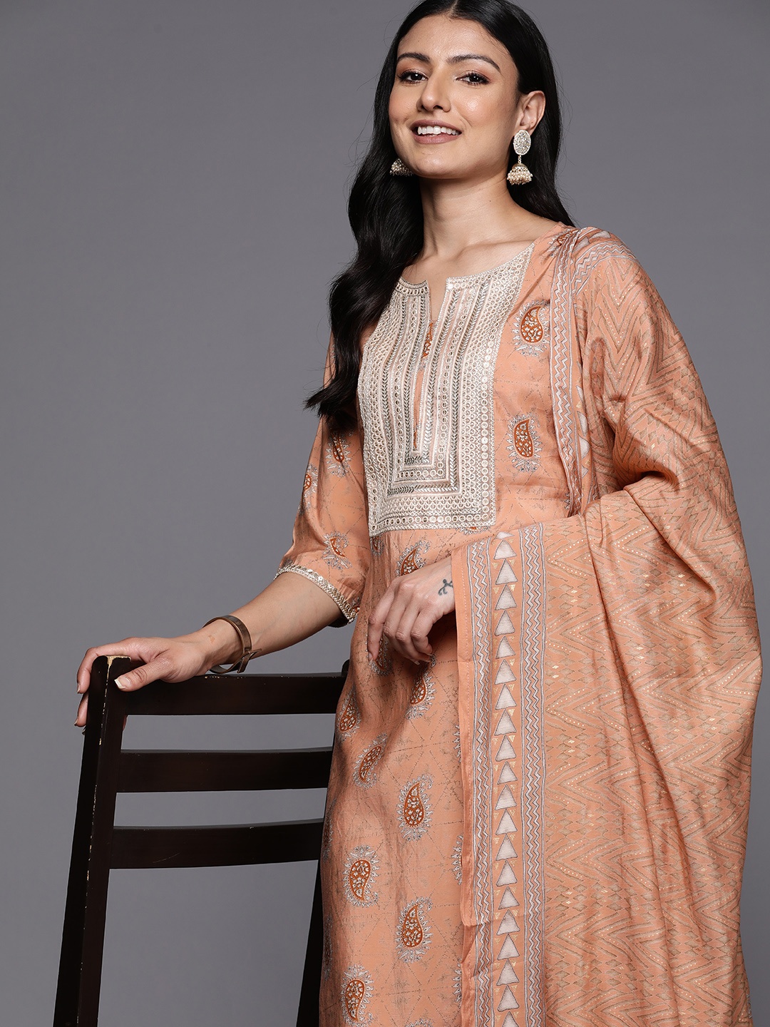 

Libas Paisley Yoke Design Kurta with Trousers & With Dupatta, Peach