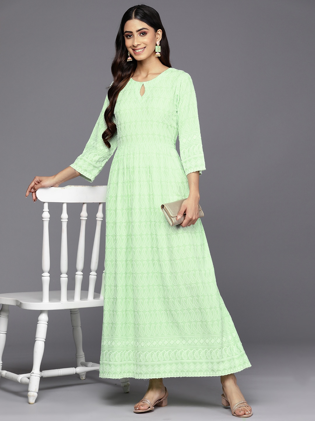 

Libas Ethnic Motifs Embroidered Keyhole Neck Maxi Ethnic Dress, Green