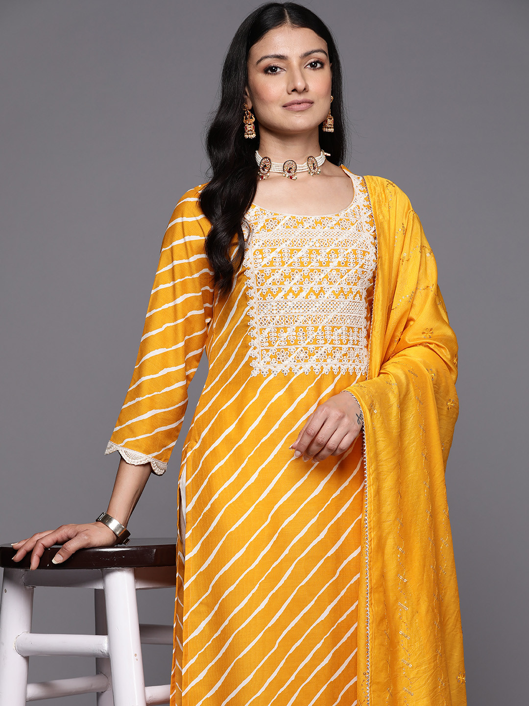 

Libas Women Yellow Leheriya Yoke Design Thread Work Kurta with Trousers & With Dupatta