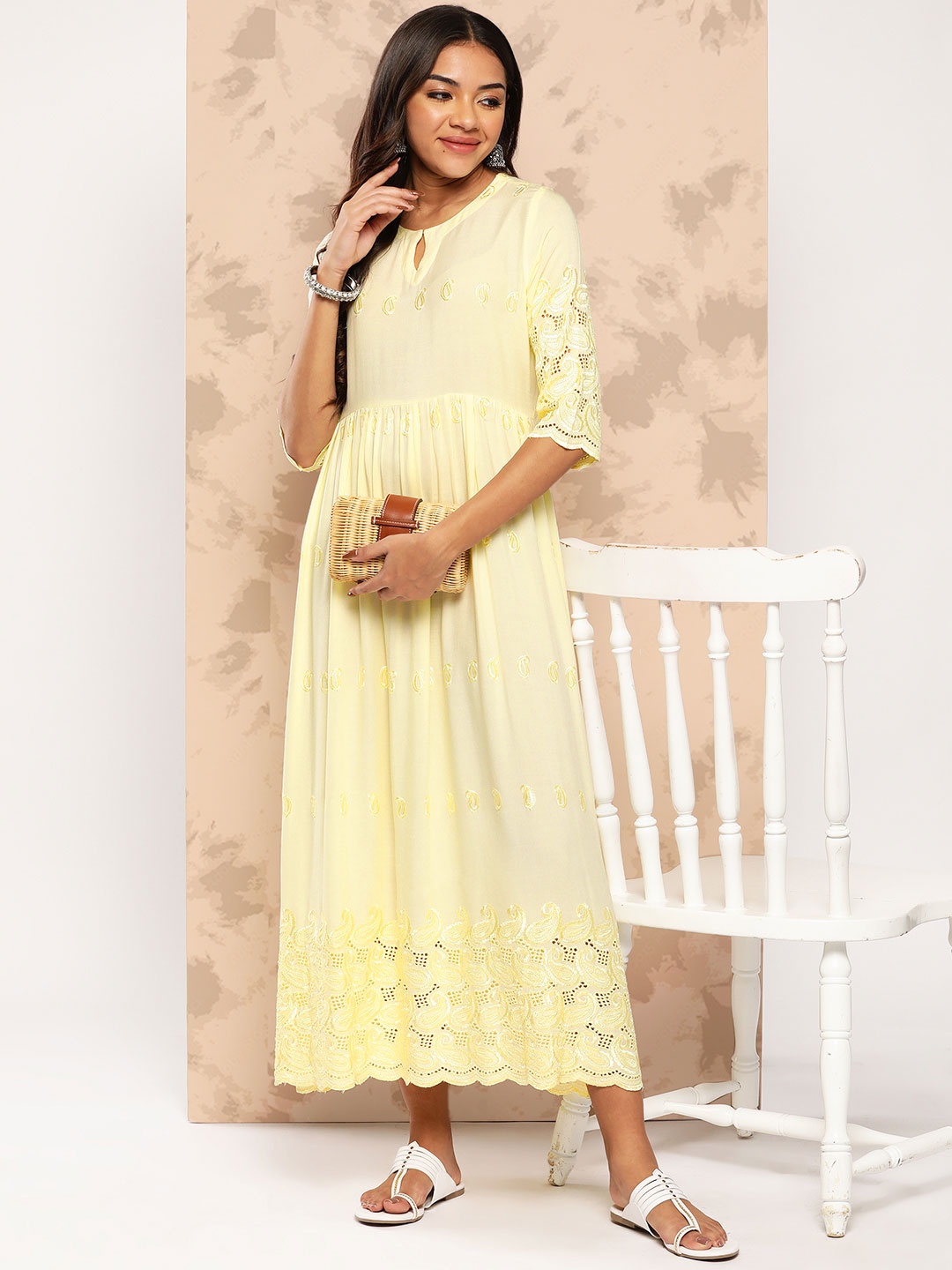 

Libas Ethnic Motifs Embroidered Keyhole Neck Ethnic Maxi Dress, Yellow