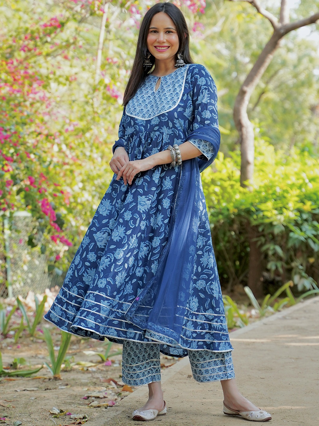 

Libas Floral Yoke Design Empire Gotta Patti Pure Cotton Kurta with Trousers & With Dupatta, Blue