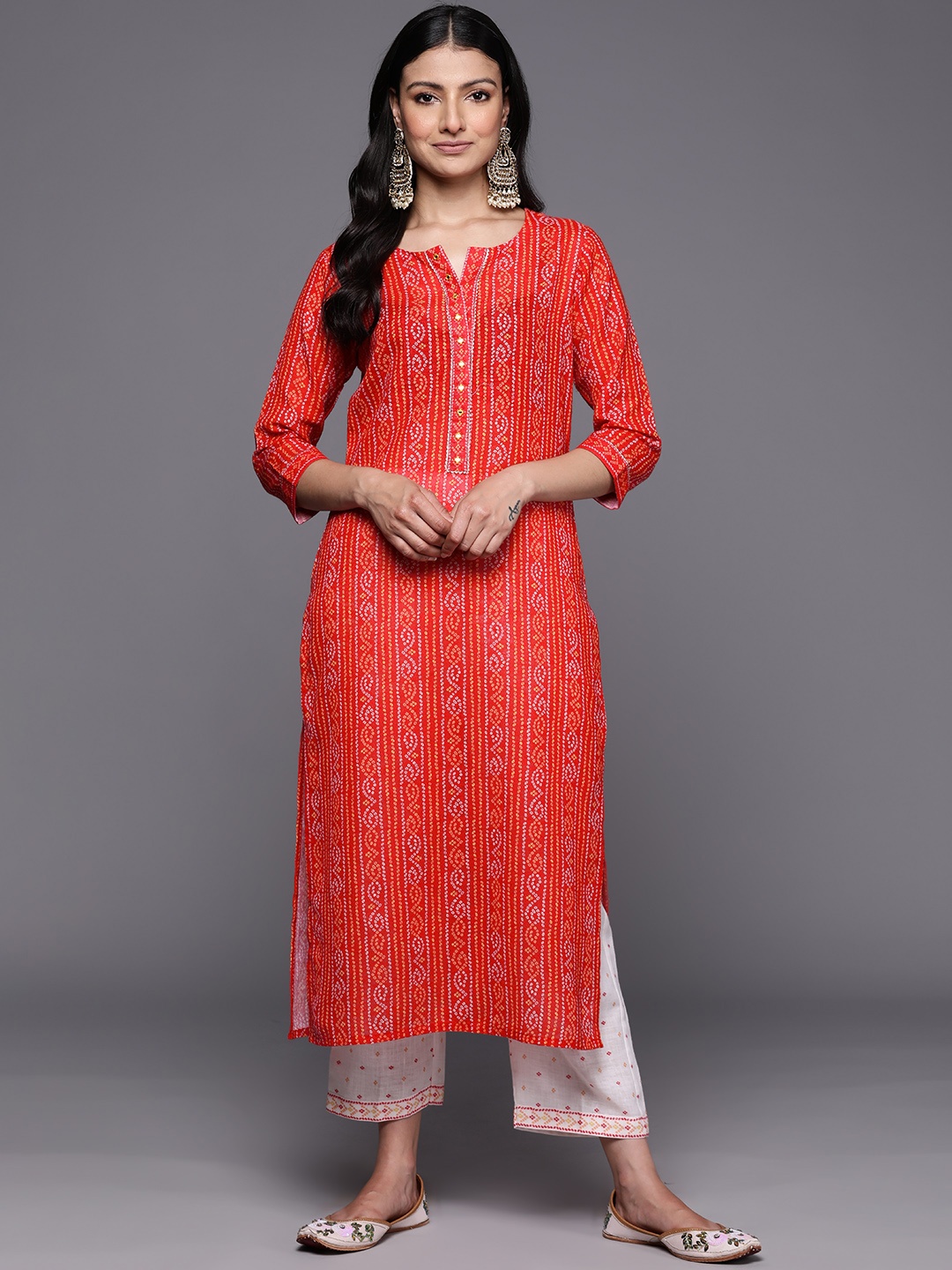 

Libas Women Coral Bandhani Printed Mirror Work Kurta with Trousers