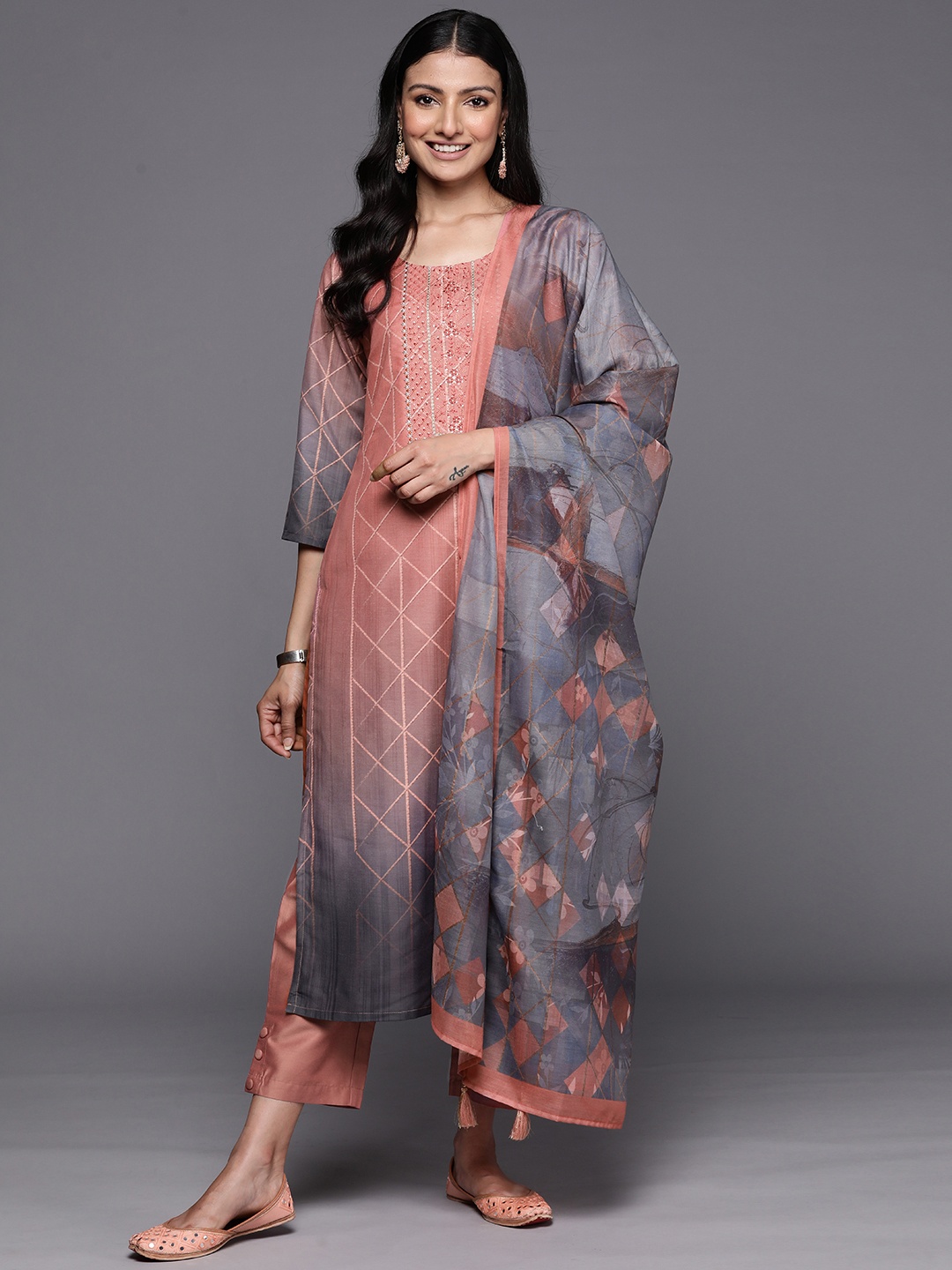 

Libas Women Peach-Coloured Floral Yoke Design Thread Work Kurta with Trousers & With Dupatta
