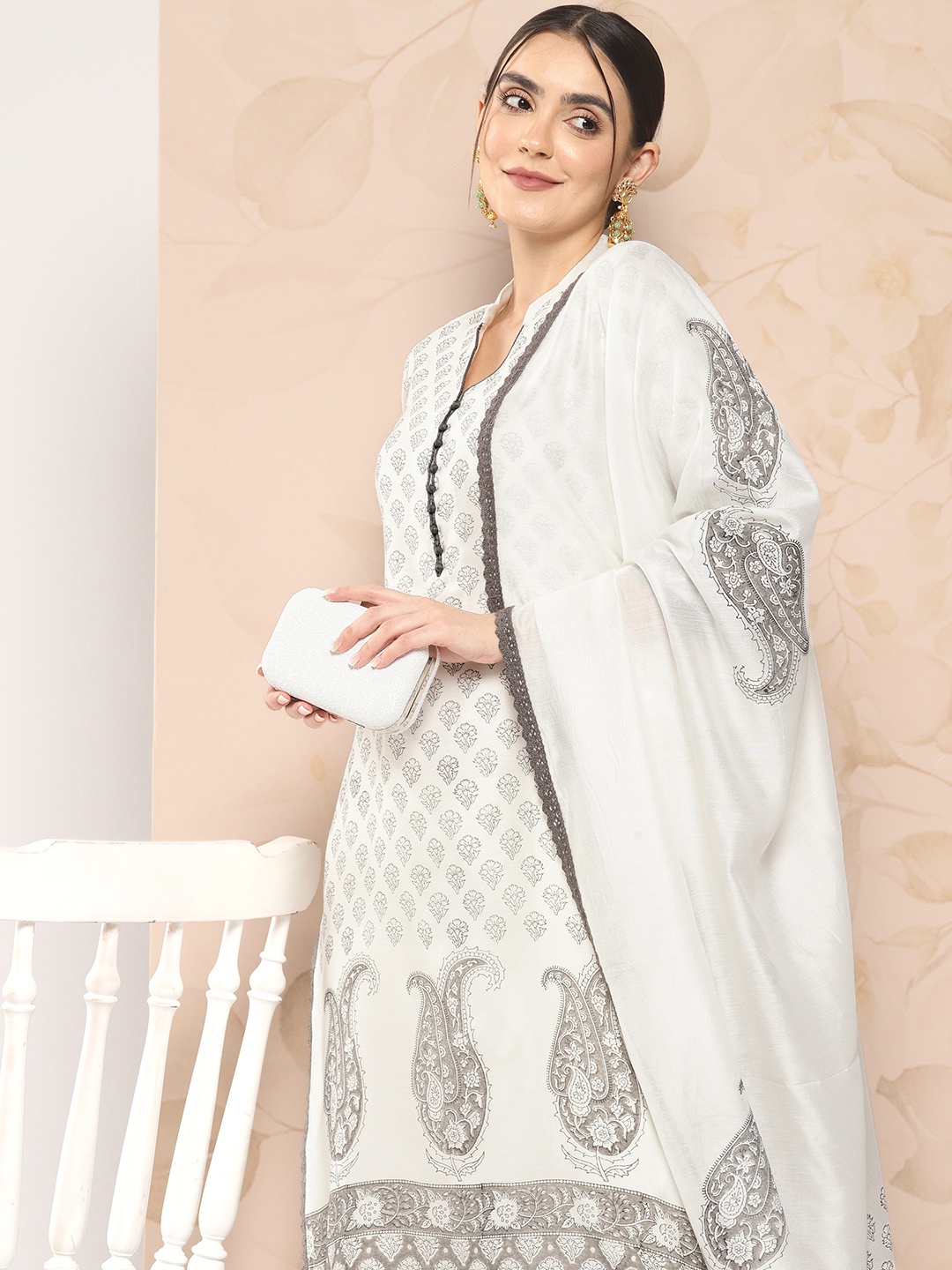 

Libas Women Off White Floral Printed Chanderi Silk Kurta with Trousers & With Dupatta