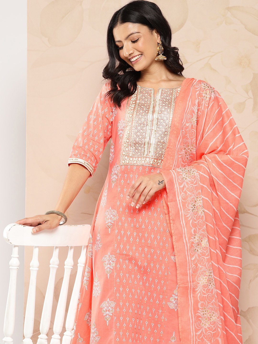 

Libas Floral Yoke Design Panelled Pure Cotton Kurta with Trousers & With Dupatta, Peach