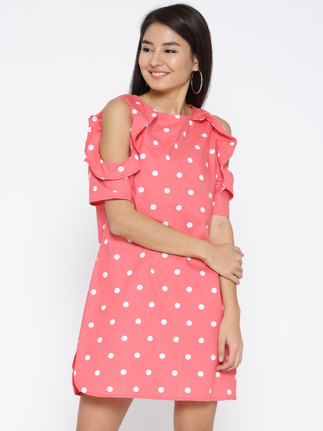 

Sera Women Pink Polka Dot Print Cold Shoulder A-Line Dress