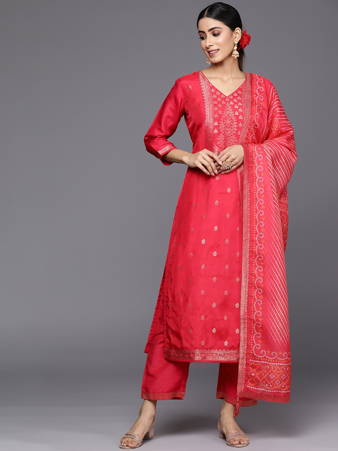 

Libas Self Design Floral Kurta With Trousers & With Dupatta, Coral