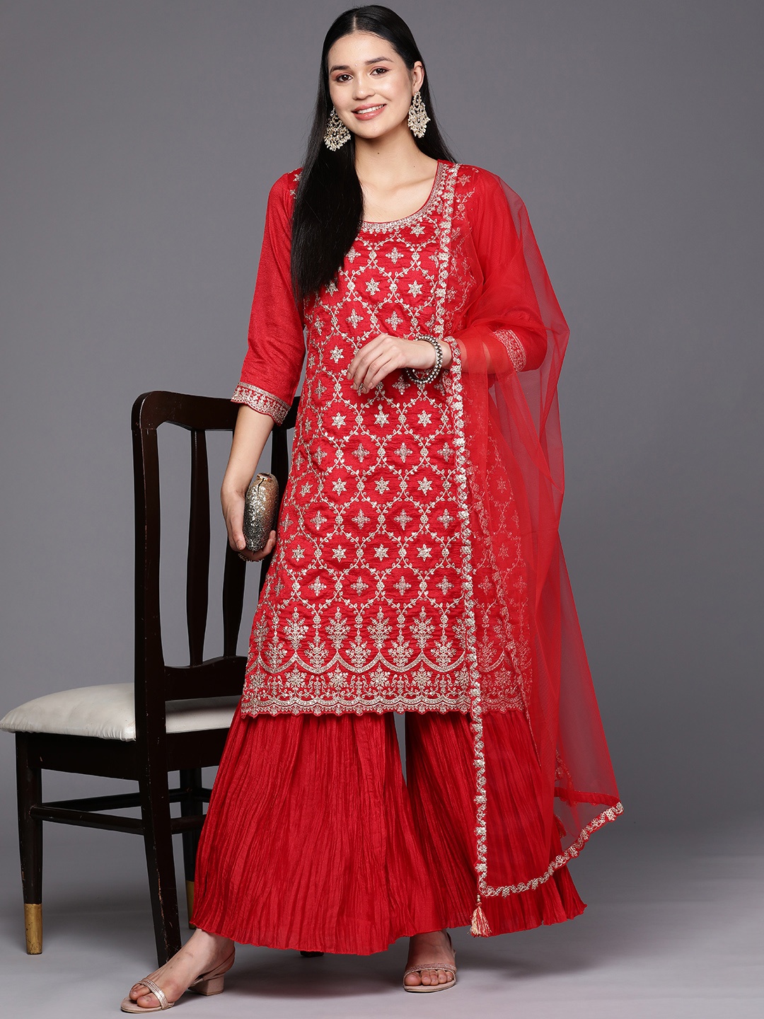 

Libas Floral Embroidered Kurta With Sharara & With Dupatta, Red