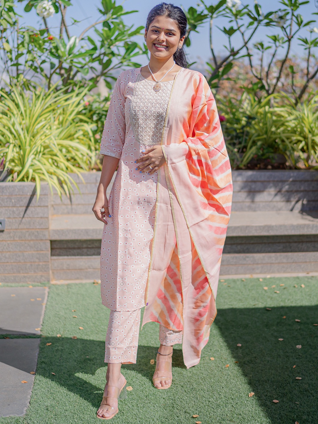 

Libas Floral Yoke Design Thread Work Kurta With Trousers & With Dupatta, Peach