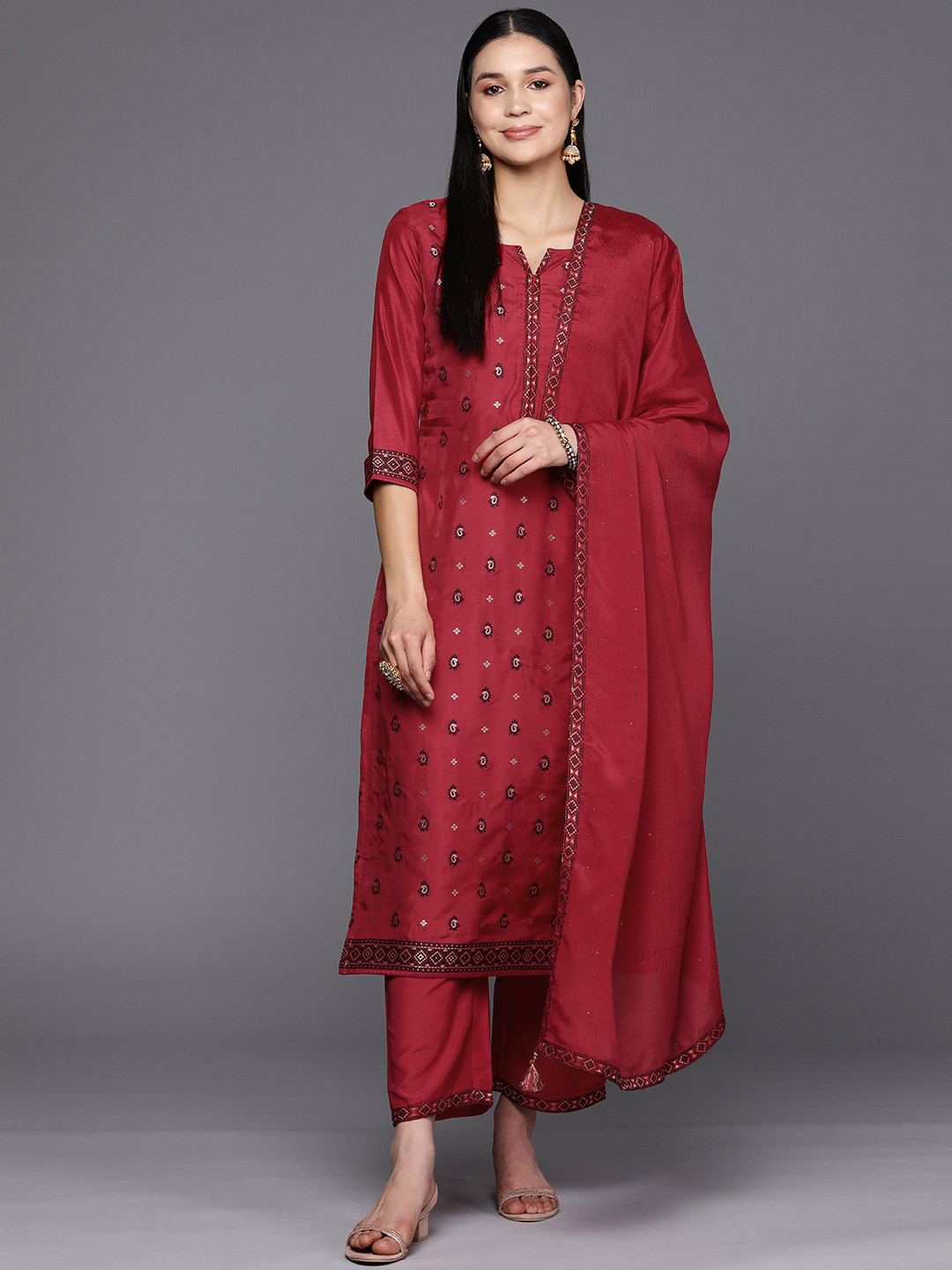 

Libas Women Maroon Paisley Kurta with Trousers & With Dupatta