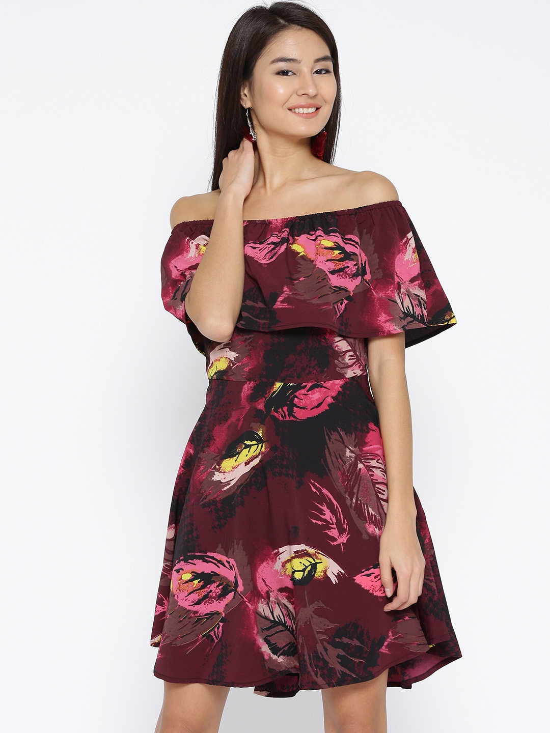 

Sera Women Maroon Printed Layered Off-Shoulder A-Line Dress