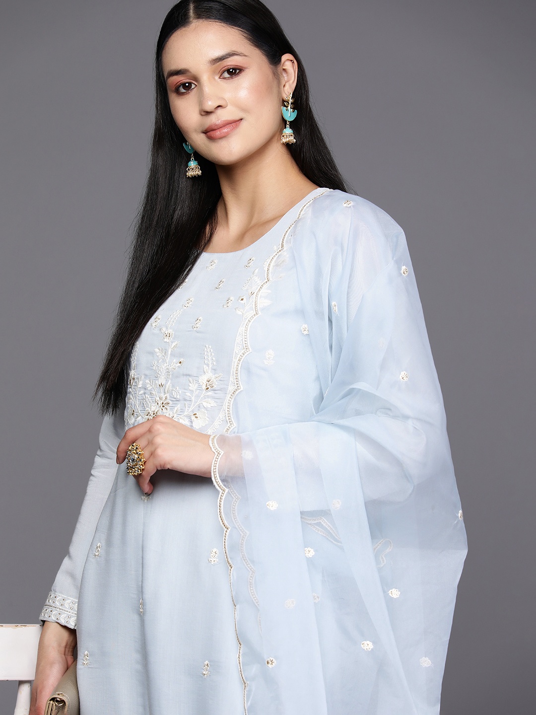 

Libas Women Blue Floral Yoke Design Thread Work Kurta with Trousers & With Dupatta