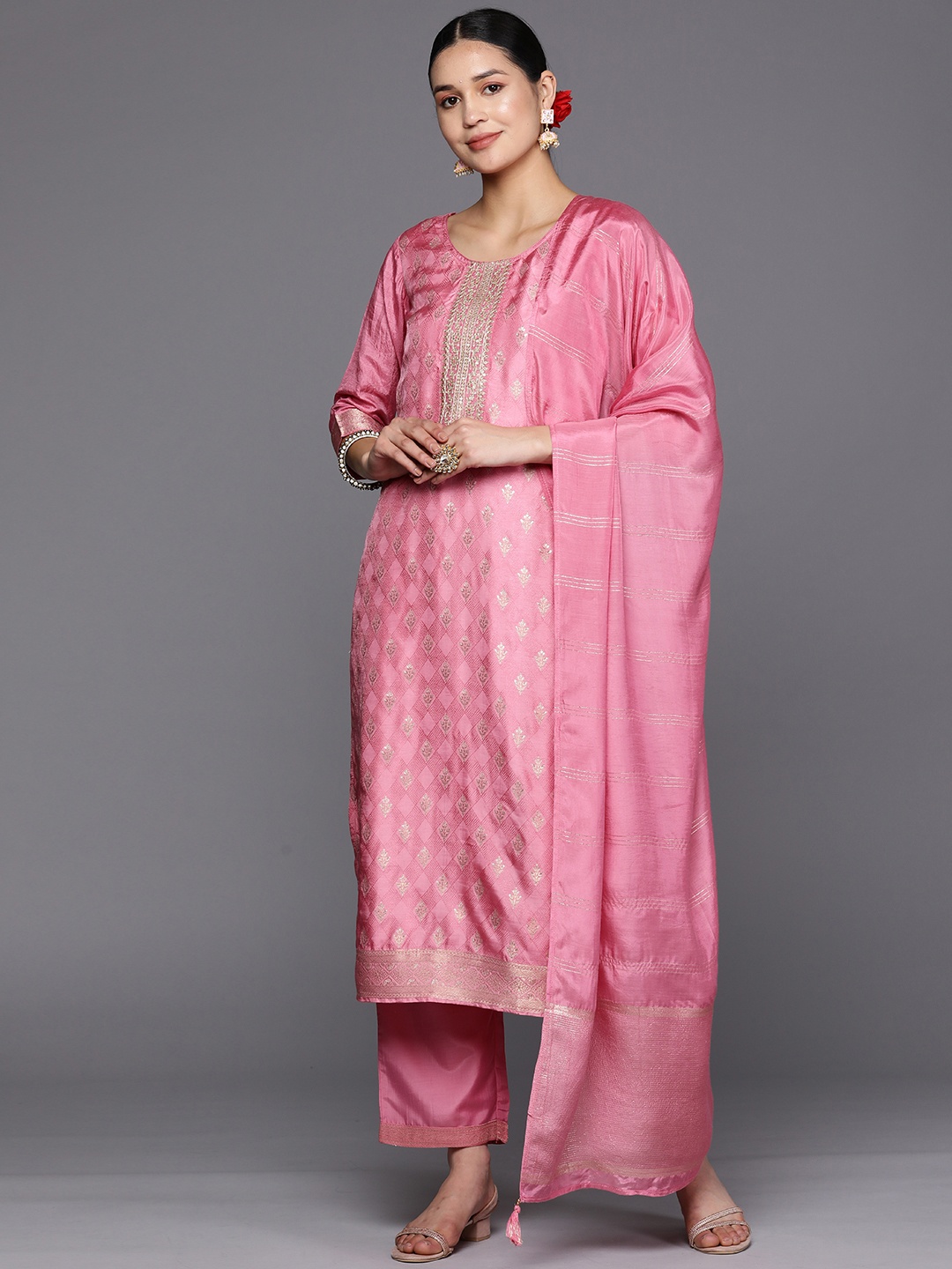 

Libas Women Pink Floral Embroidered Kurta with Trousers & With Dupatta